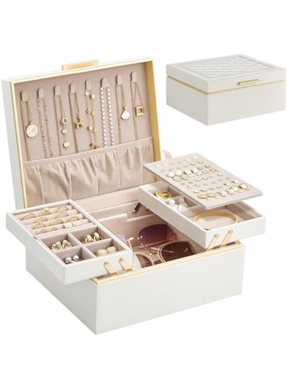 2 Layer Jewelry Box Organizer Necklace Earring Ring Bracelet Storage Cream
